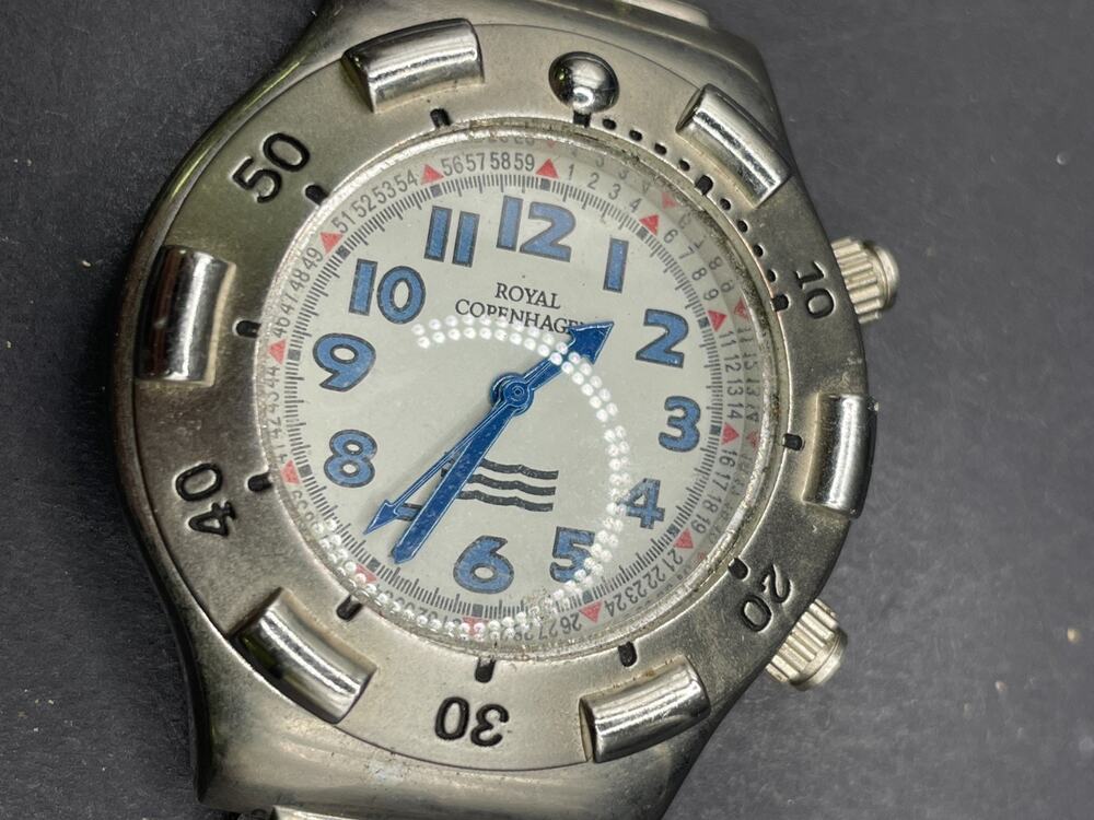 Vintage ROYAL COPENHAGEN Men's Maritime Wrist Watch Silver Tone 43mm Black Band